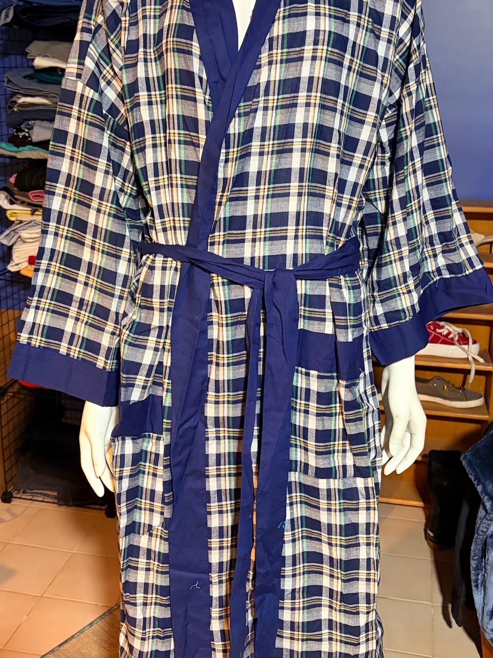 Chaps Unisex Plaid Kimono Robe Attached Belted 3/4 Sleeve Cotton One Size NWT